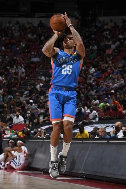 Rob Edwards of the Oklahoma City Thunder shoots a three point basket against the Detroit Pistons during the 2021 Las Vegas Summer League on August 8,...