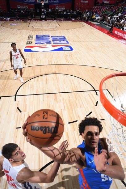 Jeremiah Robinson-Earl of the Oklahoma City Thunder shoots the ball against the Detroit Pistons during the 2021 Las Vegas Summer League on August 8,...
