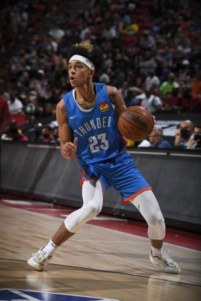 Tre Mann of the Oklahoma City Thunder handles the ball against the Detroit Pistons during the 2021 Las Vegas Summer League on August 8, 2021 at the...