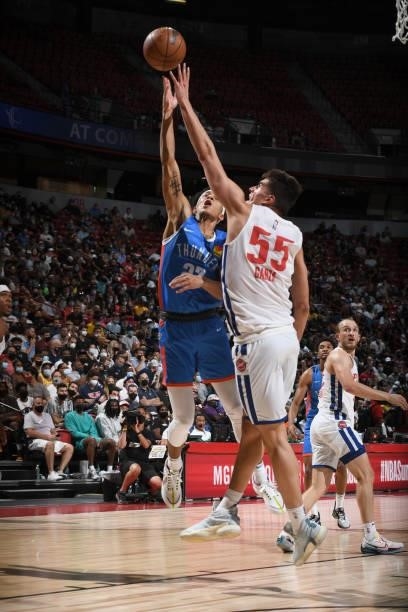 Tre Mann of the Oklahoma City Thunder shoots the ball against the Detroit Pistons during the 2021 Las Vegas Summer League on August 8, 2021 at the...
