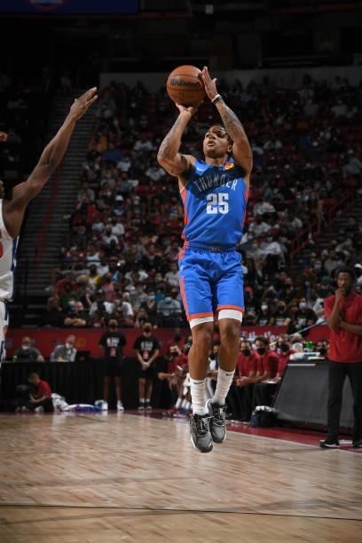 Rob Edwards of the Oklahoma City Thunder shoots the ball against the Detroit Pistons during the 2021 Las Vegas Summer League on August 8, 2021 at the...
