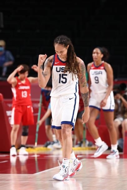 Brittney Griner of the USA Women's National Team celebrates during the Gold Medal Game of the 2020 Tokyo Olympics at the Super Saitama Arena on...