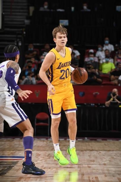 Mac McClung of the Los Angeles Lakers dribbles the ball against the Phoenix Suns during the 2021 Las Vegas Summer League on August 8, 2021 at the...