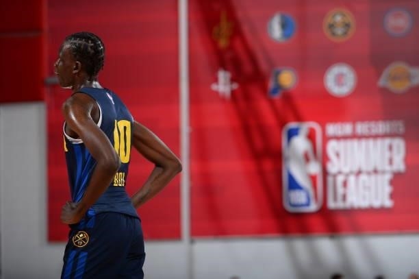 Bol Bol of the Denver Nuggets looks on during the game against the Miami Heat during the 2021 Las Vegas Summer League on August 8, 2021 Cox Pavilion...