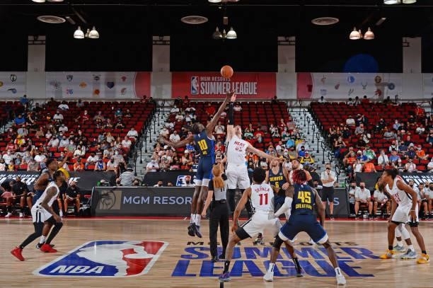 The tip off to start the game between the Miami Heat and the Denver Nuggets during the 2021 Las Vegas Summer League on August 8, 2021 Cox Pavilion in...