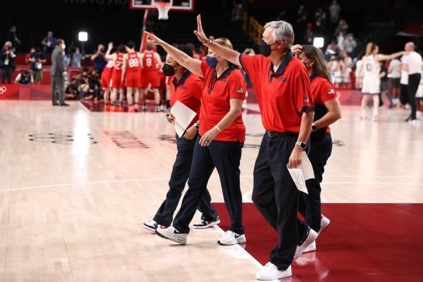 Assistant Coach Dan Hughes and the USA Women's National Team Coaches celebrate after winning the Gold Medal Game of the 2020 Tokyo Olympics at the...