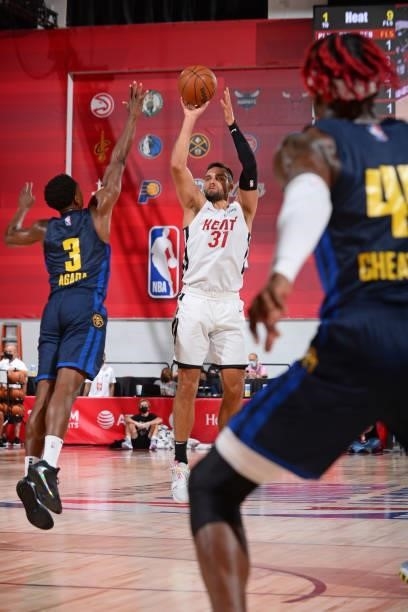 Max Strus of the Miami Heat shoots the ball against the Denver Nuggets during the 2021 Las Vegas Summer League on August 8, 2021 Cox Pavilion in Las...