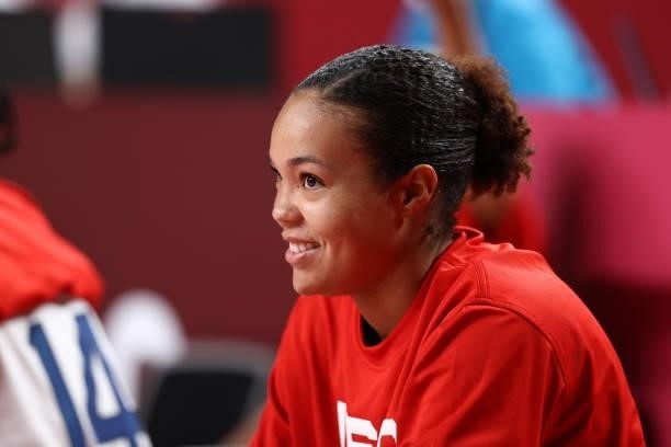 Napheesa Collier of the USA Women's National Team looks on and smiles during the Gold Medal Game of the 2020 Tokyo Olympics at the Super Saitama...