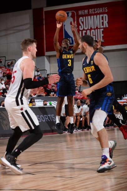 Caleb Agada of the Denver Nuggets shoots the ball against the Miami Heat during the 2021 Las Vegas Summer League on August 8, 2021 Cox Pavilion in...