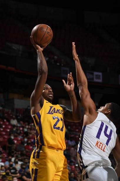 Vic Law of the Los Angeles Lakers shoots the ball against the Phoenix Suns during the 2021 Las Vegas Summer League on August 8, 2021 at the Thomas &...