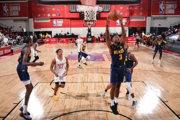 Caleb Agada of the Denver Nuggets rebounds during the game against the Miami Heat during the 2021 Las Vegas Summer League on August 8, 2021 Cox...