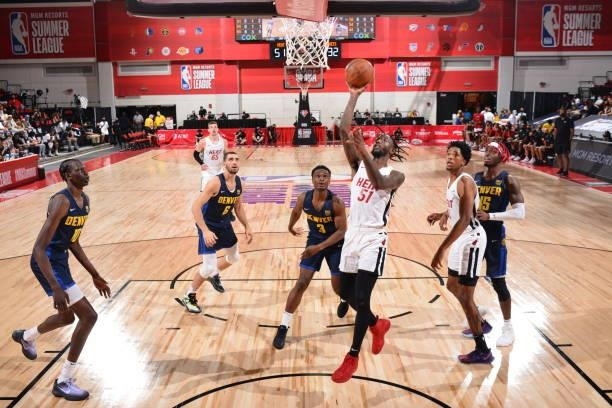 Marcus Garrett of the Miami Heat shoots the ball against the Denver Nuggets during the 2021 Las Vegas Summer League on August 8, 2021 Cox Pavilion in...