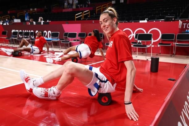Breanna Stewart of the USA Women's National Team warms up before the Gold Medal Game of the 2020 Tokyo Olympics at the Super Saitama Arena on August...