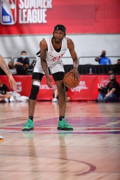 DeJon Jarreau of the Miami Heat dribbles during the game against the Denver Nuggets during the 2021 Las Vegas Summer League on August 8, 2021 Cox...