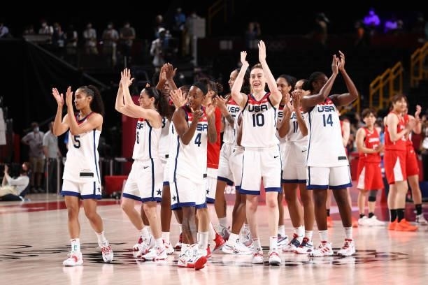 The USA Women's National Team celebrates after winning the Gold Medal Game of the 2020 Tokyo Olympics at the Super Saitama Arena on August 8, 2021 in...