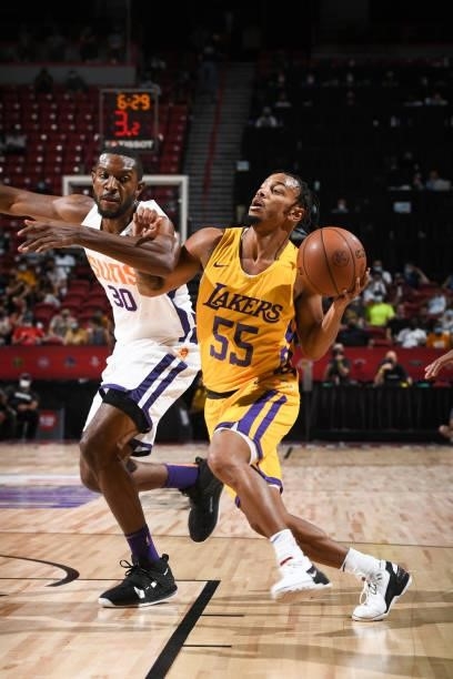 Justin Robinson of the Los Angeles Lakers drives to the basket against the Phoenix Suns during the 2021 Las Vegas Summer League on August 8, 2021 at...
