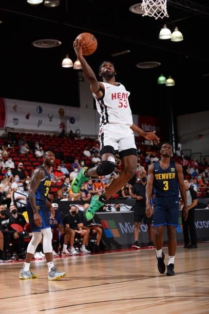DeJon Jarreau of the Miami Heat drives to the basket during the game against the Denver Nuggets during the 2021 Las Vegas Summer League on August 8,...