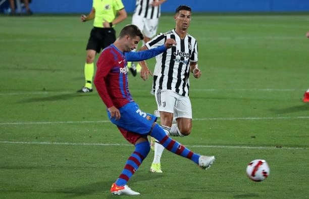 Gerard Pique and Cristiano Ronaldo during the match between FC Barcelona and Juventus, corresponding to the friendy Joan Gamper Trophy, played at the...