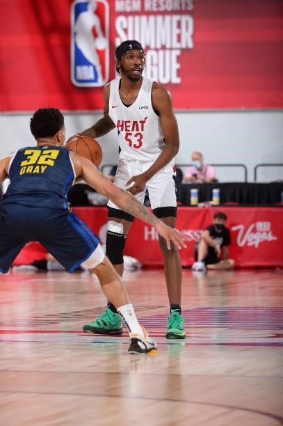 DeJon Jarreau of the Miami Heat dribbles during the game against the Denver Nuggets during the 2021 Las Vegas Summer League on August 8, 2021 Cox...