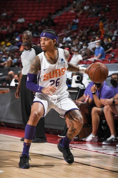 Nate Mason of the Phoenix Suns dribbles the ball against the Los Angeles Lakers during the 2021 Las Vegas Summer League on August 8, 2021 at the...
