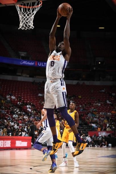 Jalen Smith of the Phoenix Suns rebounds the ball against the Los Angeles Lakers during the 2021 Las Vegas Summer League on August 8, 2021 at the...