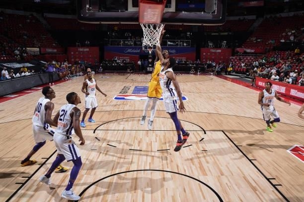 Devontae Cacok of the Los Angeles Lakers shoots the ball against the Phoenix Suns during the 2021 Las Vegas Summer League on August 8, 2021 at the...