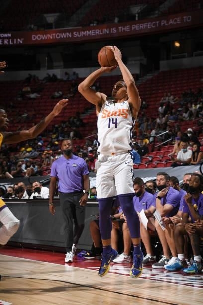 Trey Kell of the Phoenix Suns shoots a three point basket against the Los Angeles Lakers during the 2021 Las Vegas Summer League on August 8, 2021 at...