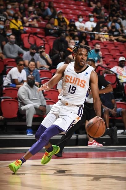 Justin Simon of the Phoenix Suns dribbles the ball against the Los Angeles Lakers during the 2021 Las Vegas Summer League on August 8, 2021 at the...