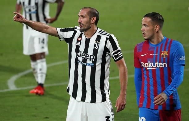 Giorgio Chiellini and Rej Manaj during the match between FC Barcelona and Juventus, corresponding to the friendy Joan Gamper Trophy, played at the...