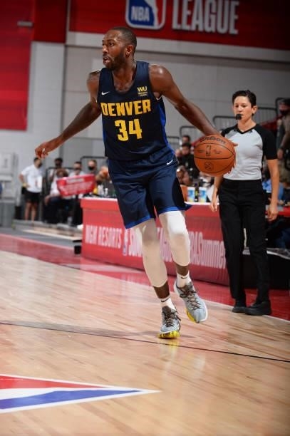 Davon Reed of the Denver Nuggets dribbles during the game against the Miami Heat during the 2021 Las Vegas Summer League on August 8, 2021 Cox...