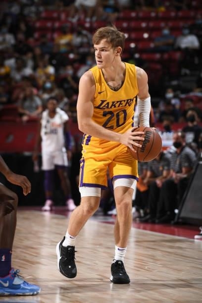 Mac McClung of the Los Angeles Lakers looks to pass the ball against the Phoenix Suns during the 2021 Las Vegas Summer League on August 8, 2021 at...