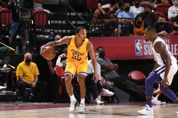 Justin Robinson of the Los Angeles Lakers dribbles the ball against the Phoenix Suns during the 2021 Las Vegas Summer League on August 8, 2021 at the...