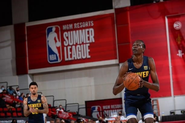 Bol Bol of the Denver Nuggets shoots the ball against the Miami Heat during the 2021 Las Vegas Summer League on August 8, 2021 Cox Pavilion in Las...