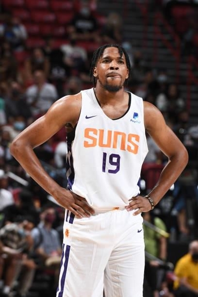 Justin Simon of the Phoenix Suns looks on against the Los Angeles Lakers during the 2021 Las Vegas Summer League on August 8, 2021 at the Thomas &...