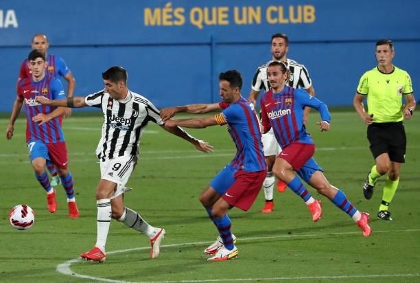 Alvaro Morata and Sergio Busquets during the match between FC Barcelona and Juventus, corresponding to the friendy Joan Gamper Trophy, played at the...