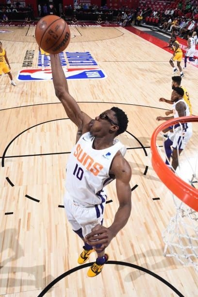 Jalen Smith of the Phoenix Suns rebounds the ball against the Los Angeles Lakers during the 2021 Las Vegas Summer League on August 8, 2021 at the...