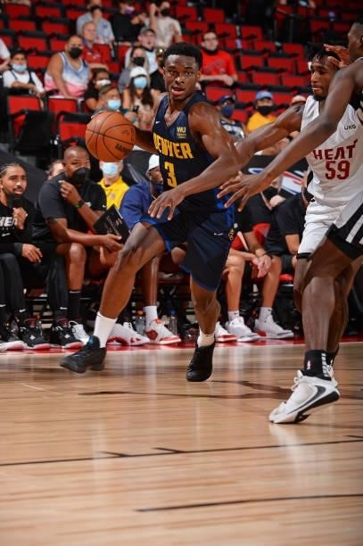 Caleb Agada of the Denver Nuggets drives to the basket against the Miami Heat during the 2021 Las Vegas Summer League on August 8, 2021 Cox Pavilion...