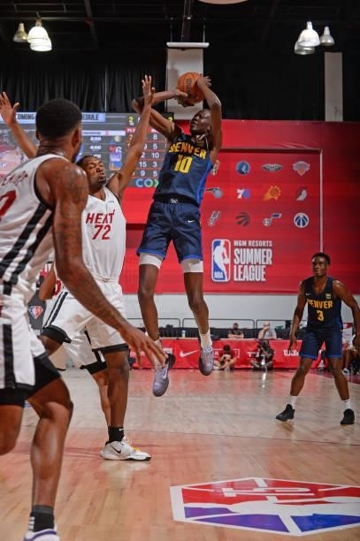 Bol Bol of the Denver Nuggets shoots the ball during the game against the Miami Heat during the 2021 Las Vegas Summer League on August 8, 2021 Cox...