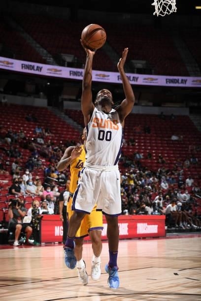 Jaleen Smith of the Phoenix Suns drives to the basket against the Los Angeles Lakers during the 2021 Las Vegas Summer League on August 8, 2021 at the...