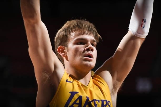 Detailed shot of Mac McClung of the Los Angeles Lakers plays defense against the Phoenix Suns during the 2021 Las Vegas Summer League on August 8,...