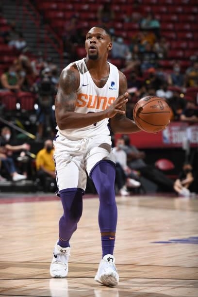 Michael Frazier II of the Phoenix Suns looks to shoots the ball against the Los Angeles Lakers during the 2021 Las Vegas Summer League on August 8,...
