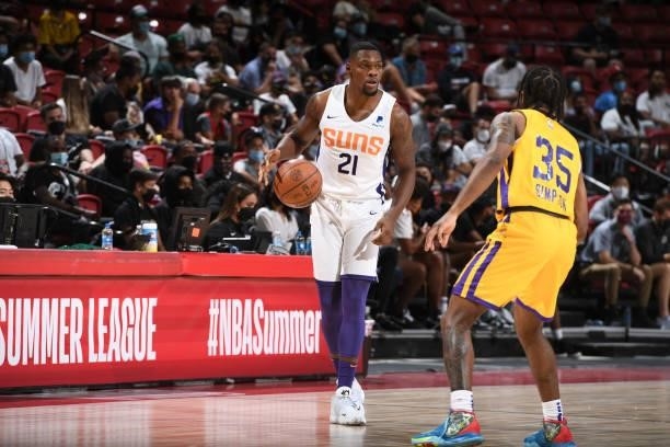 Michael Frazier II of the Phoenix Suns dribbles the ball against the Los Angeles Lakers during the 2021 Las Vegas Summer League on August 8, 2021 at...