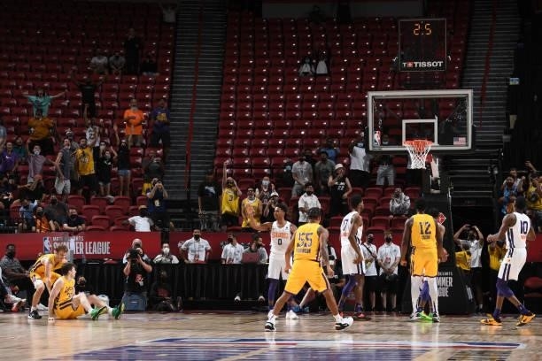 Austin Reaves of the Los Angeles Lakers makes the game winning basket against the Phoenix Suns during the 2021 Las Vegas Summer League on August 8,...