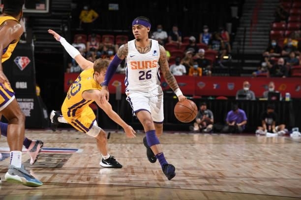 Nate Mason of the Phoenix Suns dribbles the ball against the Los Angeles Lakers during the 2021 Las Vegas Summer League on August 8, 2021 at the...