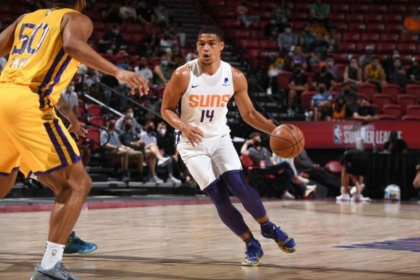 Trey Kell of the Phoenix Suns dribbles the ball against the Los Angeles Lakers during the 2021 Las Vegas Summer League on August 8, 2021 at the...