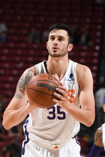 Zachary Hankins of the Phoenix Suns shoots a free throw against the Los Angeles Lakers during the 2021 Las Vegas Summer League on August 8, 2021 at...