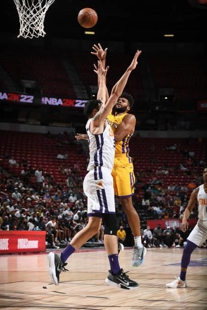 Yoeli Childs of the Los Angeles Lakers shoots the ball against the Phoenix Suns during the 2021 Las Vegas Summer League on August 8, 2021 at the...