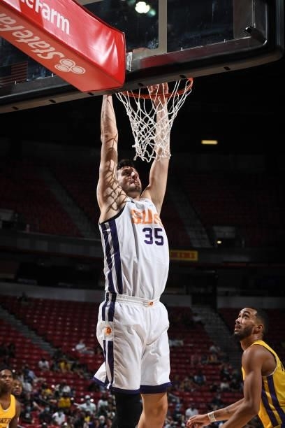 Zachary Hankins of the Phoenix Suns dunks the ball against the Los Angeles Lakers during the 2021 Las Vegas Summer League on August 8, 2021 at the...