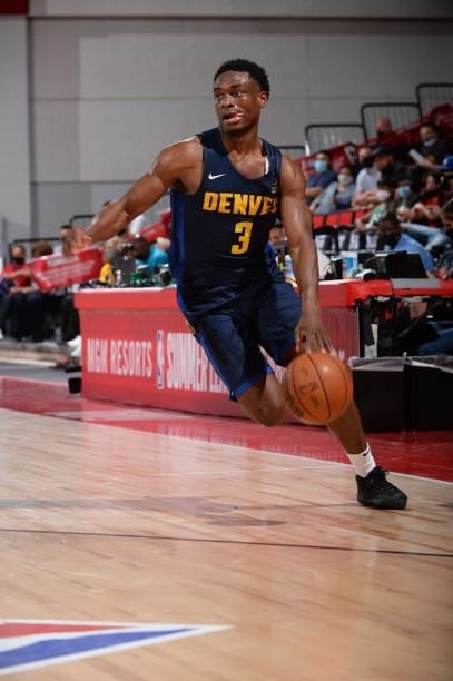 Caleb Agada of the Denver Nuggets drives to the basket against the Miami Heat during the 2021 Las Vegas Summer League on August 8, 2021 Cox Pavilion...