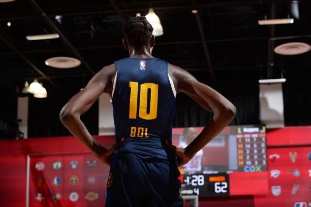 Bol Bol of the Denver Nuggets looks on during the game against the Miami Heat during the 2021 Las Vegas Summer League on August 8, 2021 Cox Pavilion...